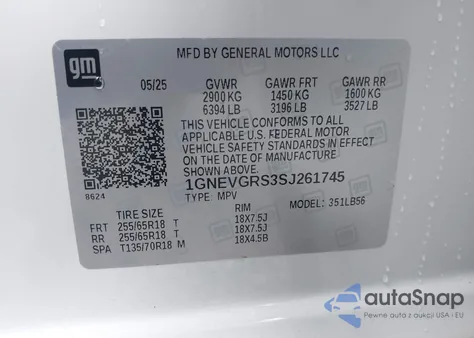 2025 Chevrolet Traverse Awd Lt z USA, uszkodzony, nr VIN 1GNEVGRS3SJ261745